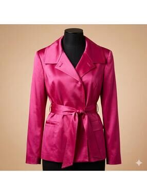 Harve Benard Vibrant Pink Mid Length Trench Style Jacket Tie Waist Size L